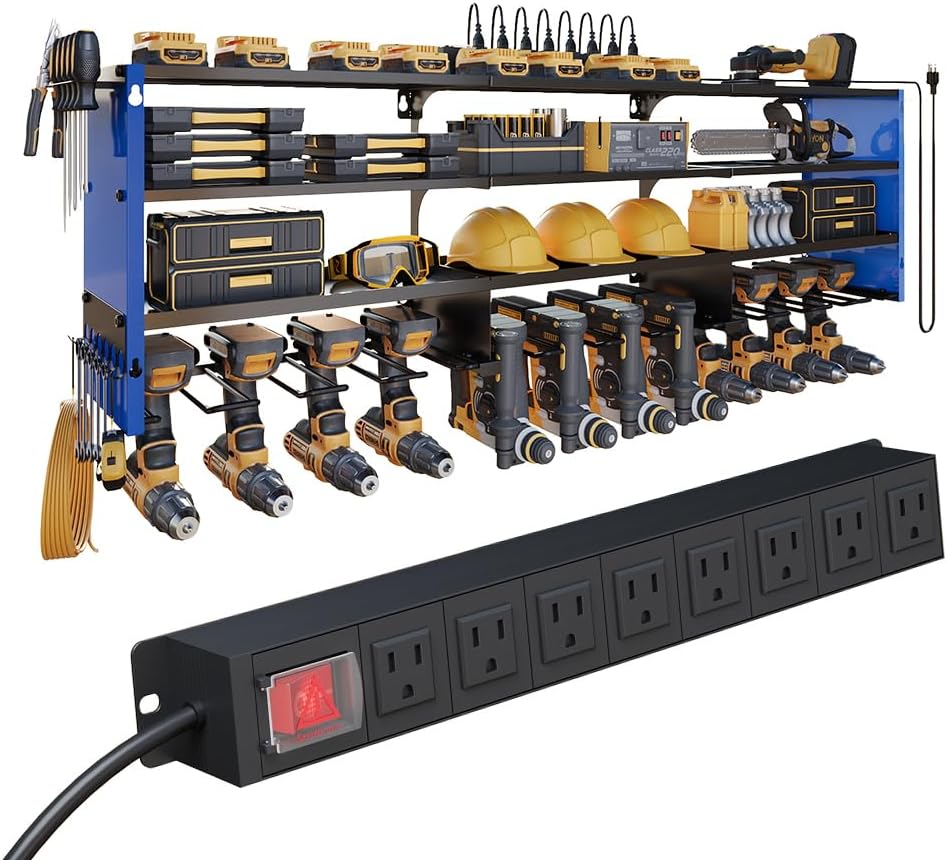 53" Power Tool Organizer Wall Mount with Power Strip, 4 Layers