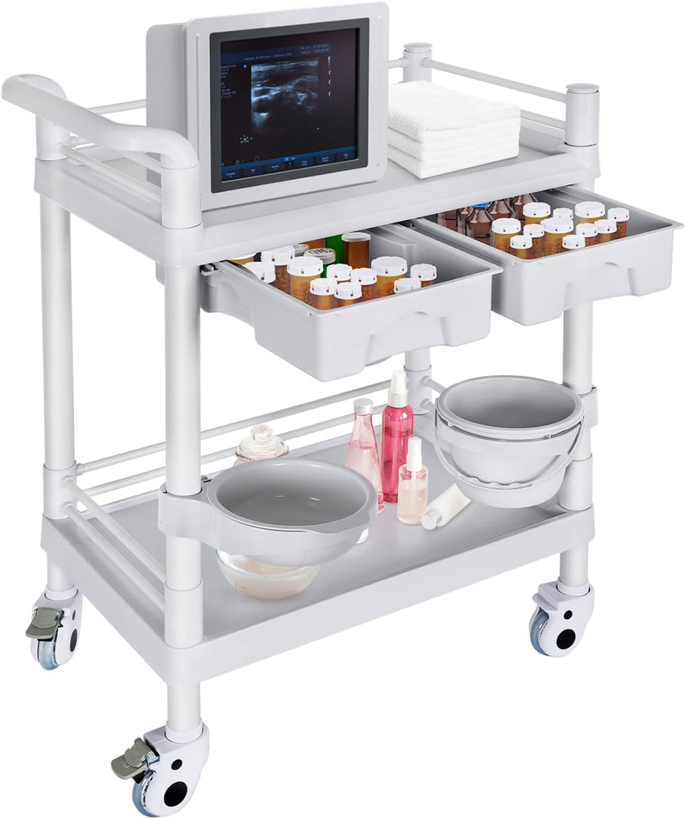 Medical Mobile Trolley Cart 2-Shelf 220 LBS Max Load Rolling Utility Cart