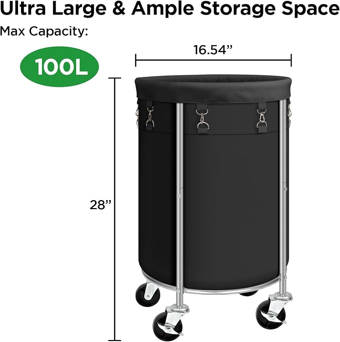 Laundry Hamper with Wheels, 100L Round Rolling Laundry Basket Sorter with