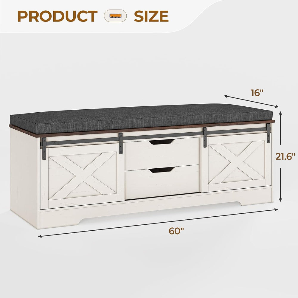 UPOSOJA 60“ Farmhouse Storage Bench with Cushion, Shoe Rack with Slide Barn D...
