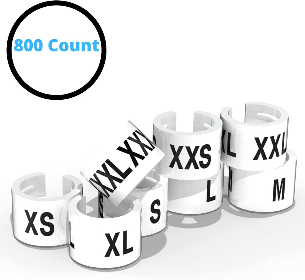 White Garment Hanger Clips, Black Print, 800 Pcs, XXS-XXXL, 100 Each Size