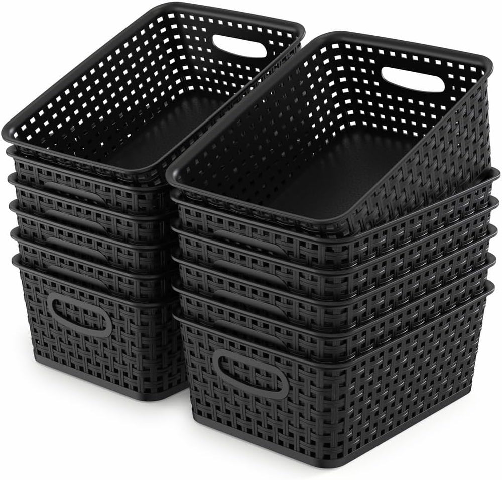WYT 12-Pack Plastic Small Shelf Storage Weave Baskets for Organizing, Black