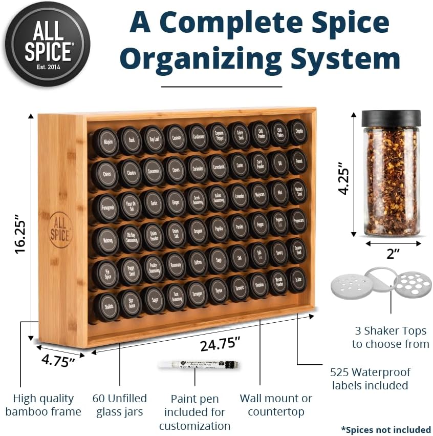 AllSpice Spice Rack Organizer, Wood, 525 Unique Labels, Countertop or Wall Mo...