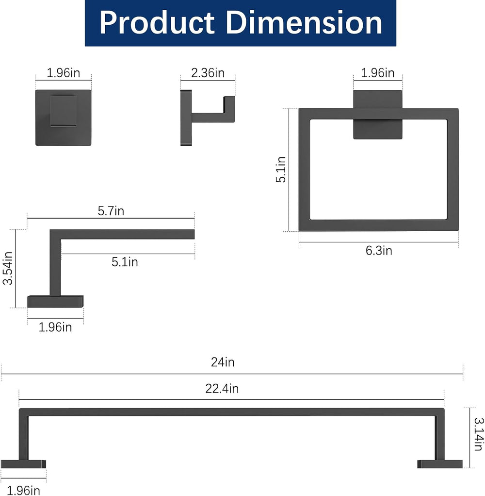 Bathroom Accessories Set Wall Mounted, 5-Piece 24In Matte Black