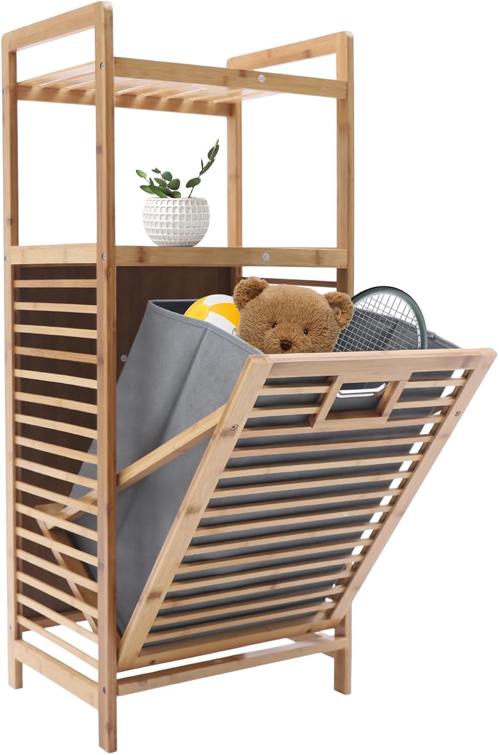 3-Tier Laundry Hamper with Shelf, Bamboo Tilt Out Laundry Hamper, Removable C...