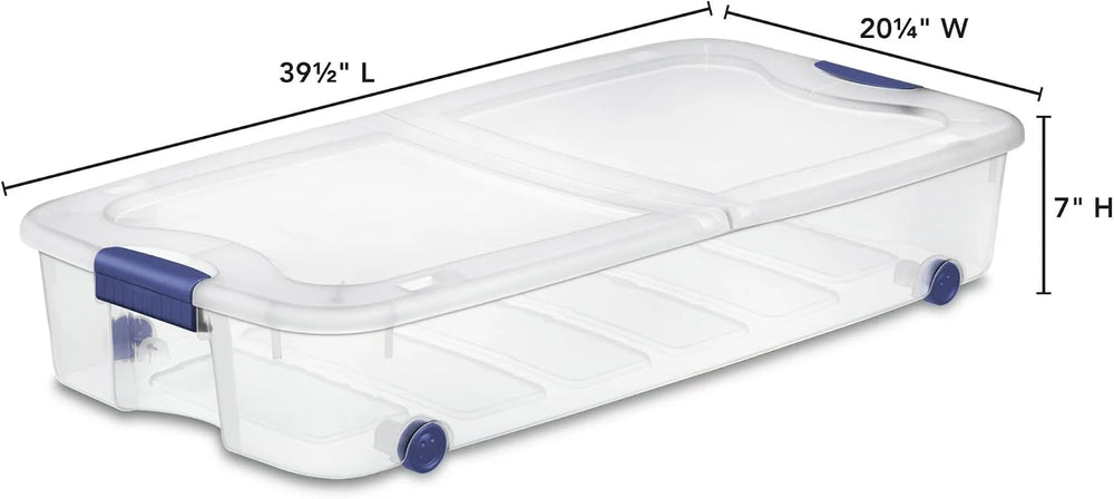 66 Quart Clear Plastic Underbed Storage Bin with Latching Lid and Wheels, Sta...