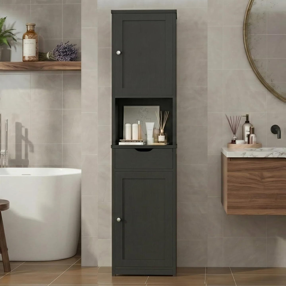 Vongrasig 64”Tall Slim Bathroom Storage Cabinet with 2 Doors, Black