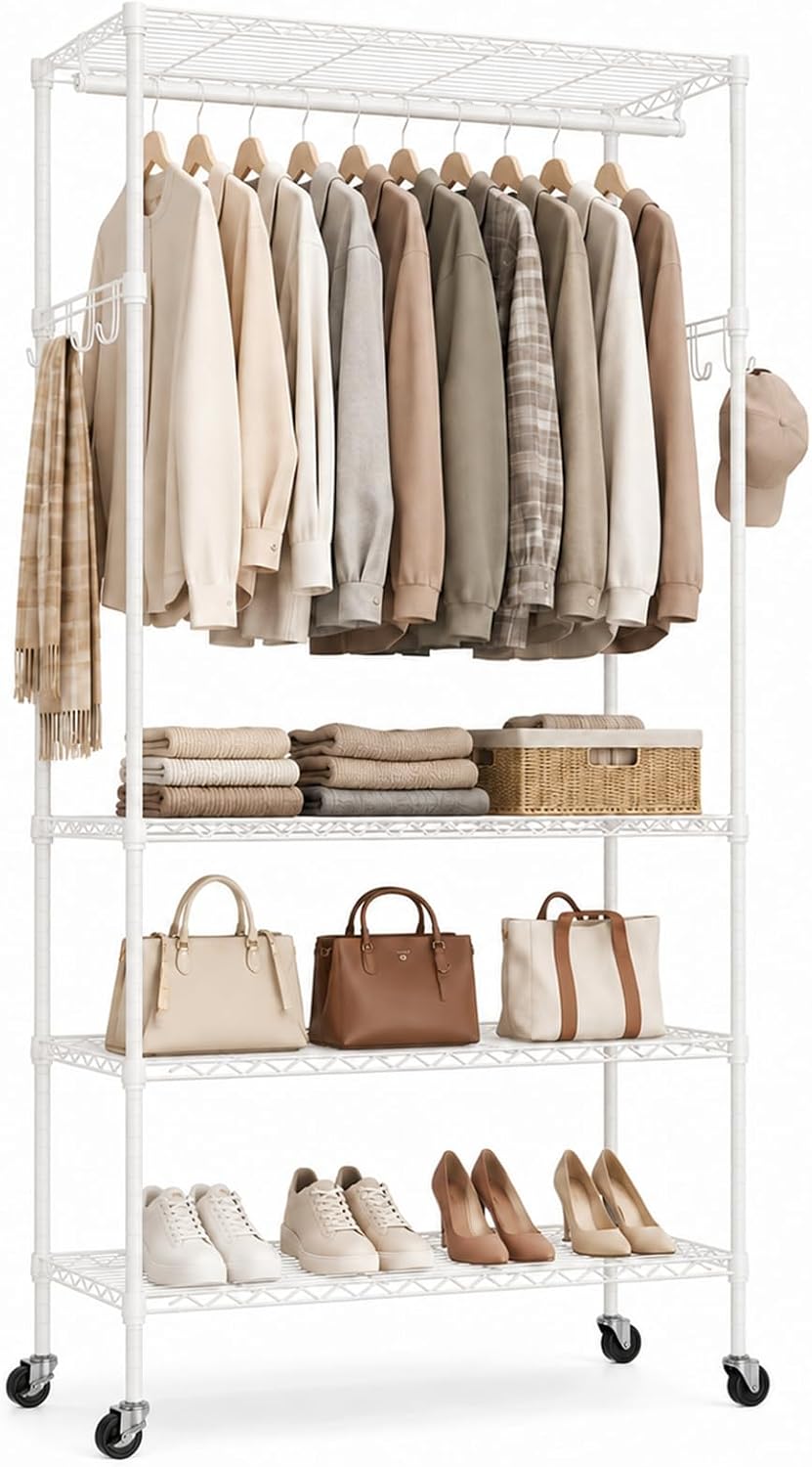 Rolling Clothes Rack for Portable Closet Organizers and Storage