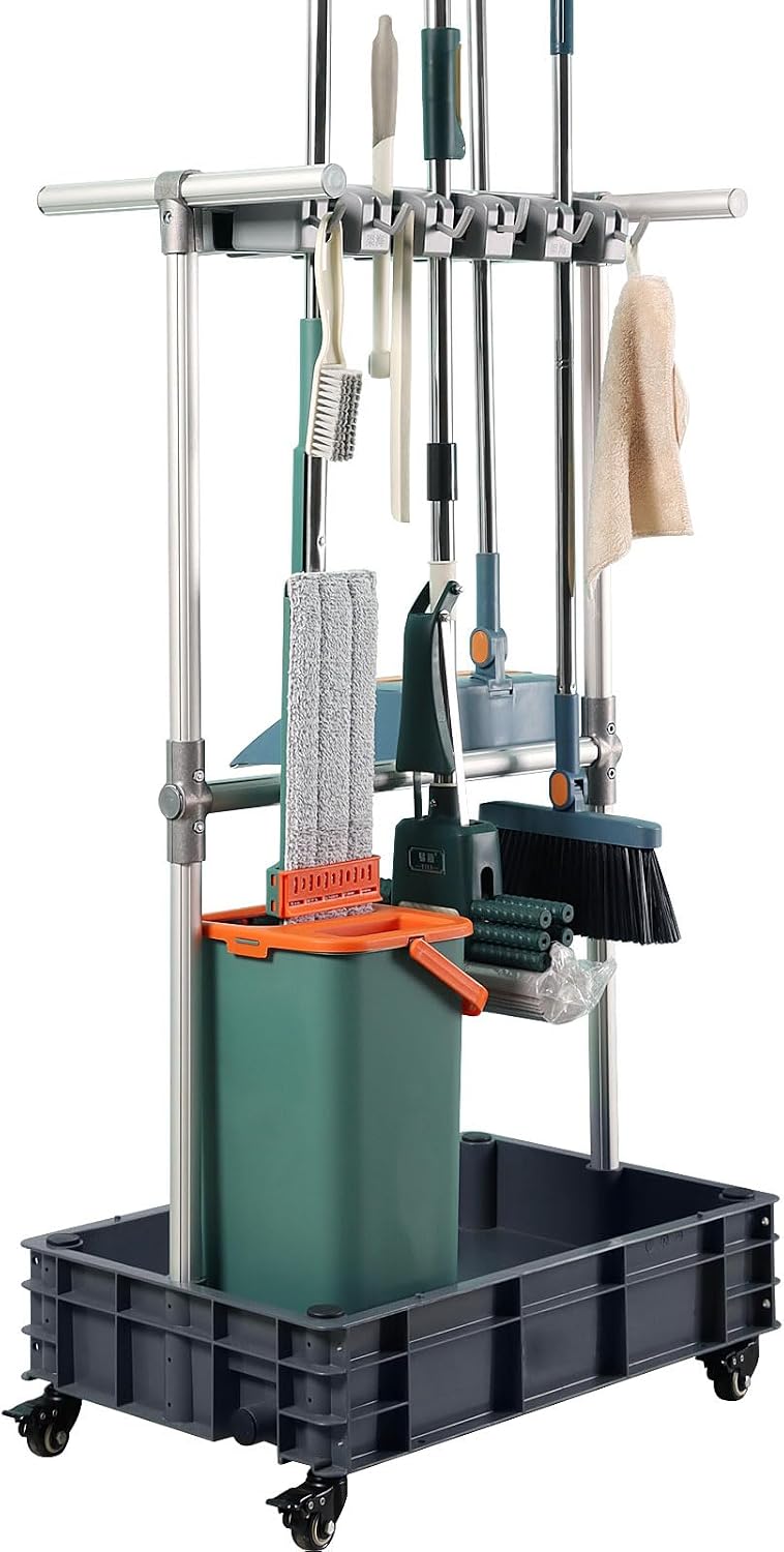 Broom mop Holder Cleaning Supplies Organizer Janitor carts on Wheels Housekee...