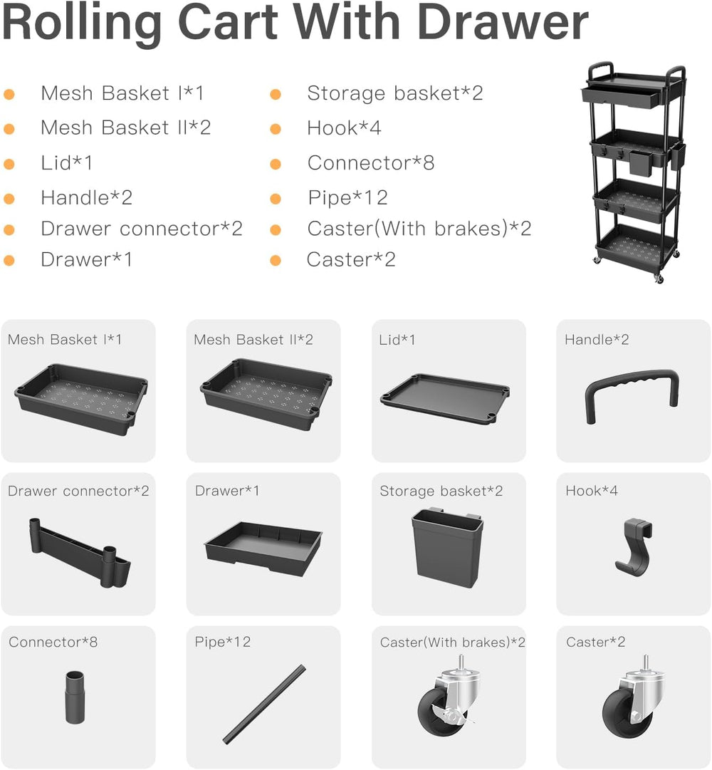4 Tier Rolling Utility Cart with Drawer,REBECAT Utility Cart Made of Multifun...