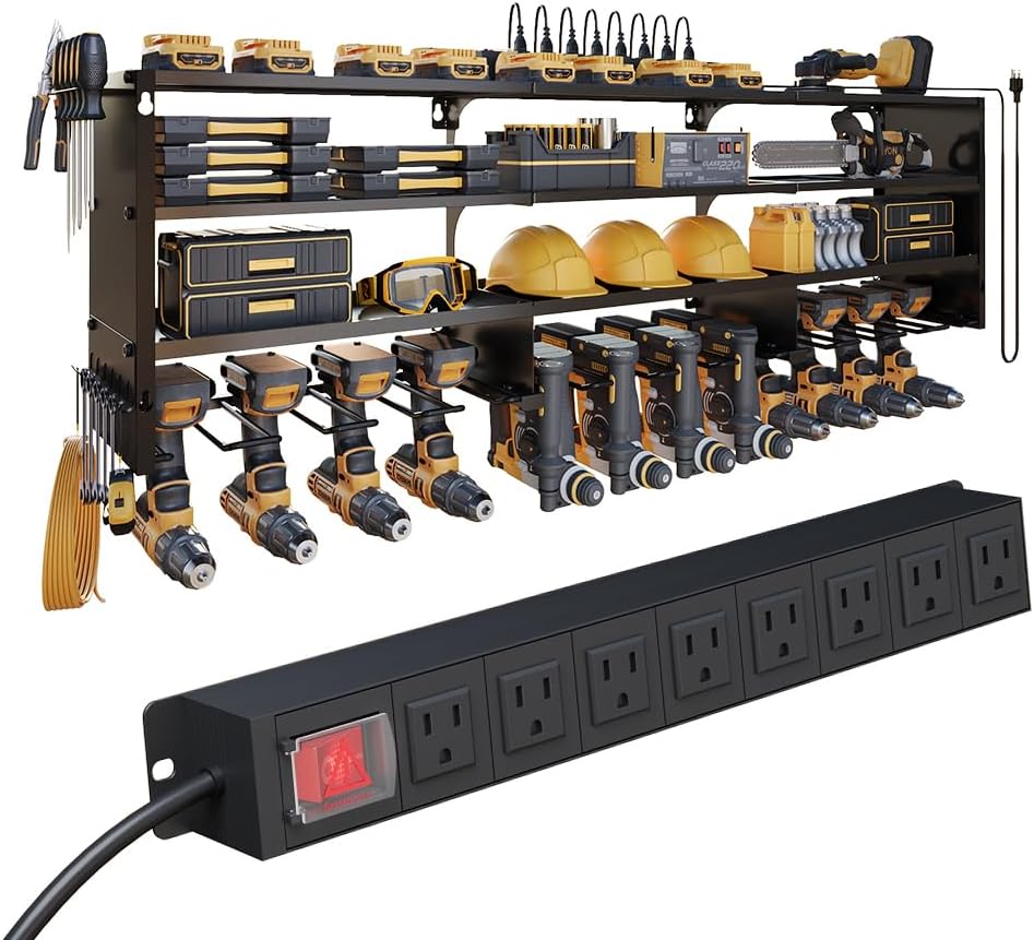 53" Power Tool Organizer Wall Mount with Power Strip, 4 Layers