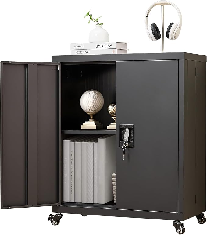 Metal Cabinet with Wheels, Steel Cabine with Locking Doors, Small Cabinet with