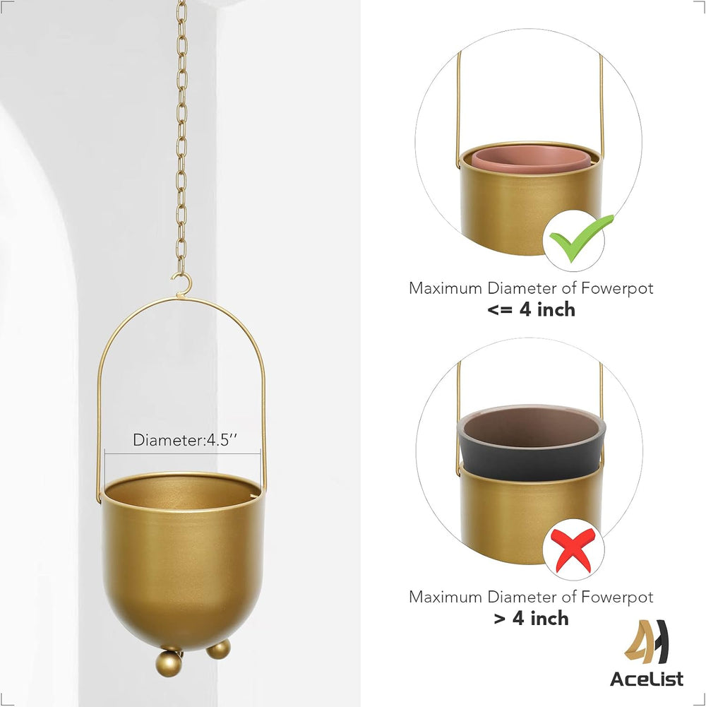 Boho Gold Metal Hanging Planters, Set of 2 with Hooks & Chains - Versatil...