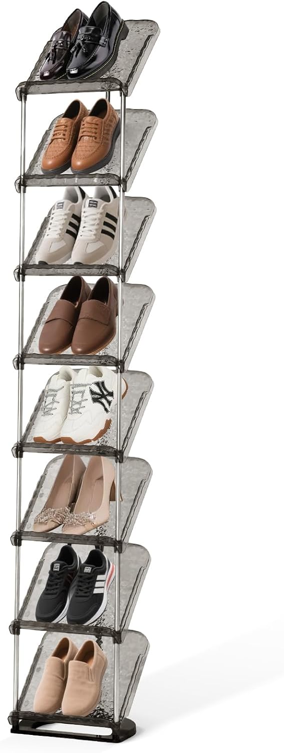SMILHELTD Vertical Shoe Rack 8 Tiers Narrow Clear Sneaker Storage Organizer