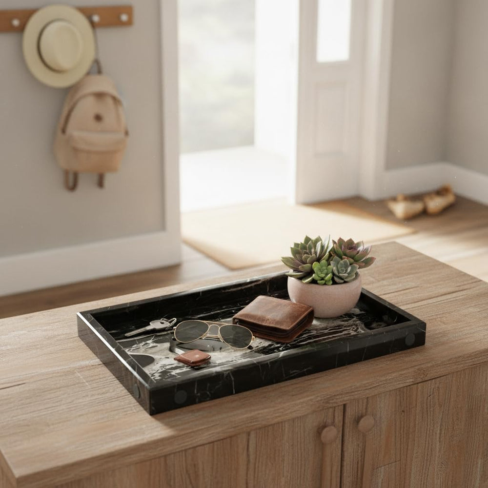 Black Marble Tray for Men 12x8, Real Natural Bathroom Vanity Perfume Jewelry