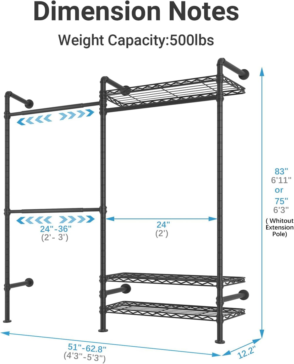 Timate F2 Industrial Pipe Clothes Rack Wall Mounted Clothing Rack for Hanging...