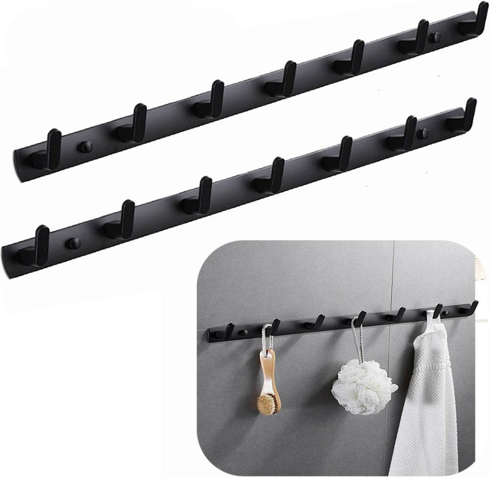 Wall Mounted Coat Rack, 7 Hooks, 25.7"x1.3", Modern, Black, 2 Pcs