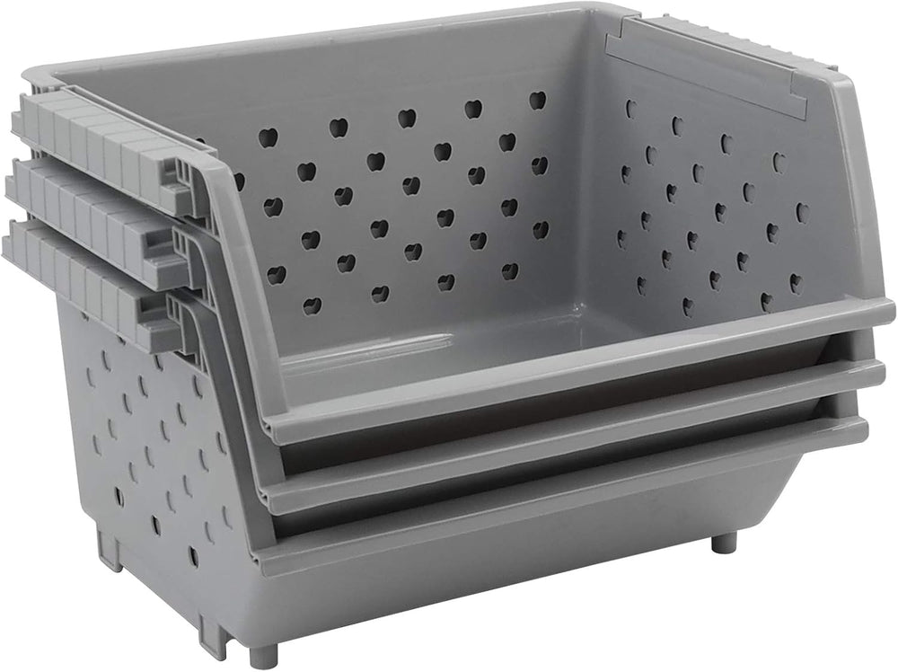 3 Pack Stacking Open Front Storage Bins, Gray Stackable Basket