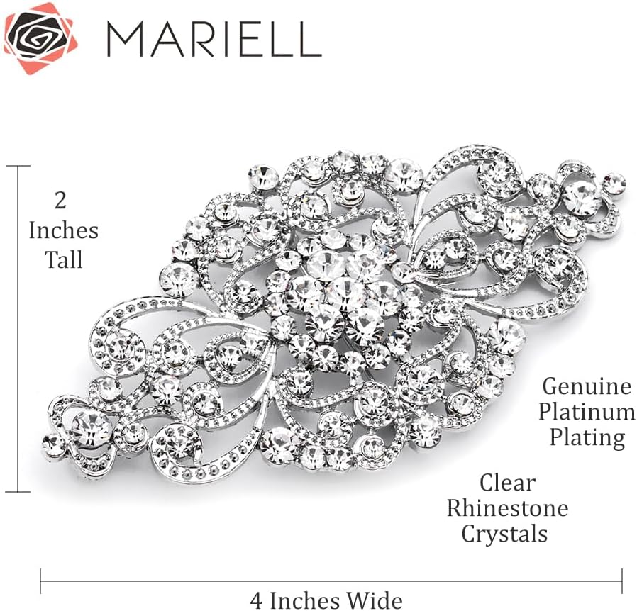 Mariell Vintage Bridal Crystal Brooch Pin, 4" Wide, Rhinestone Brooch fo...
