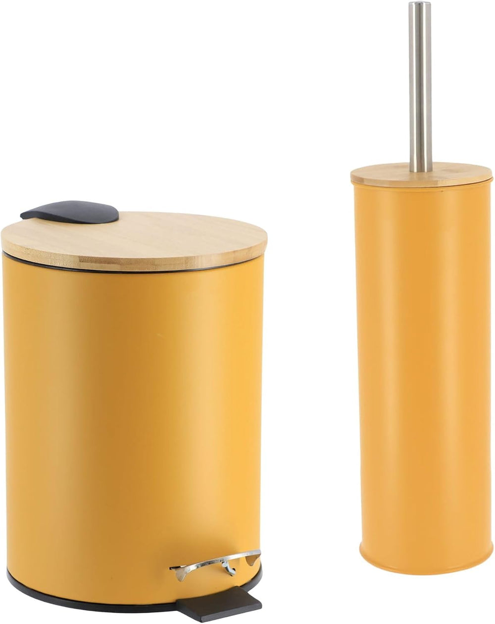 Mustard Yellow Bathroom Set w/Bamboo Lid, Metal Trash Can & Toilet Brush
