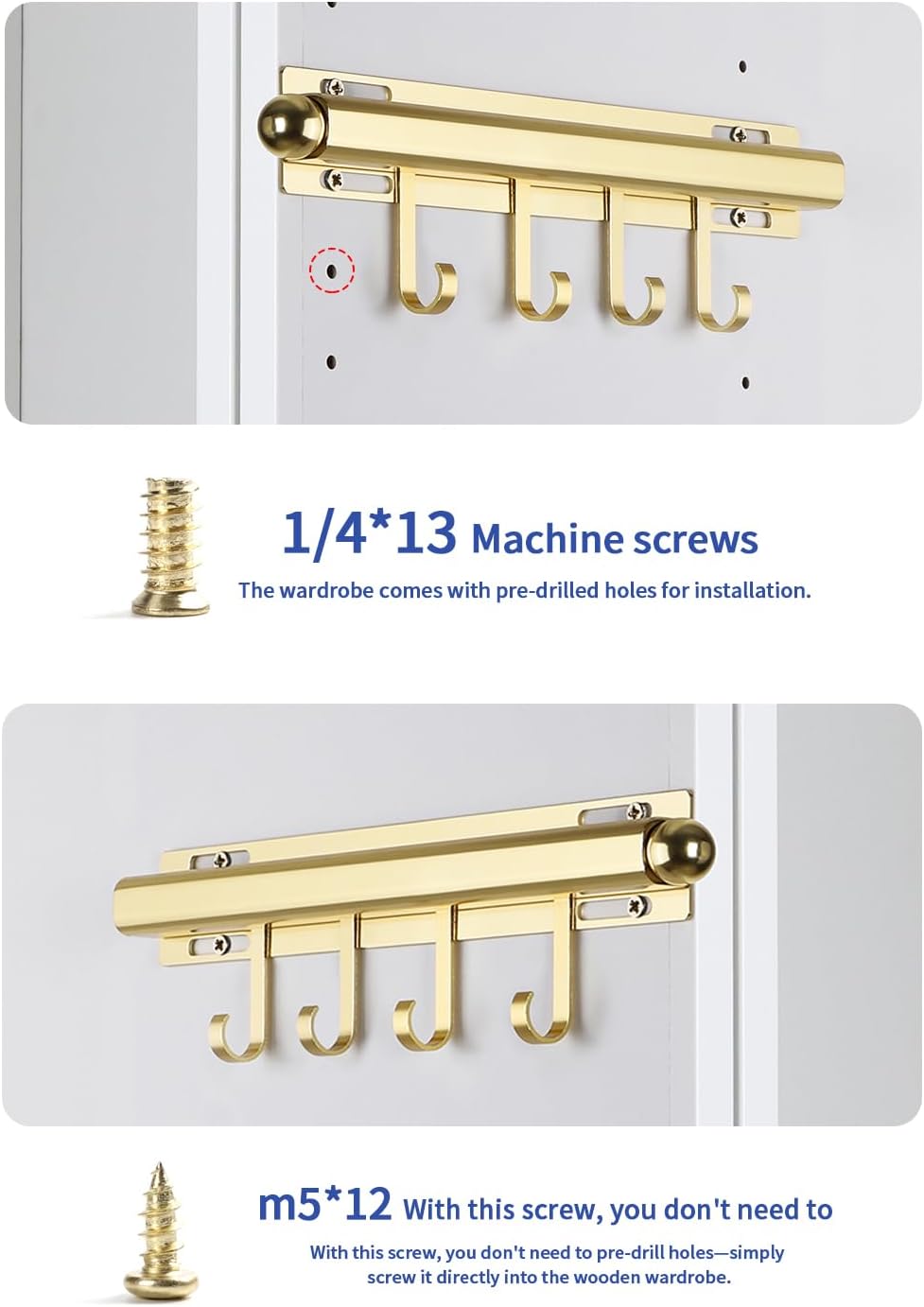 Valet Rod for Closets Pull Out 12" Gold with 4 Hooks (2Pack)