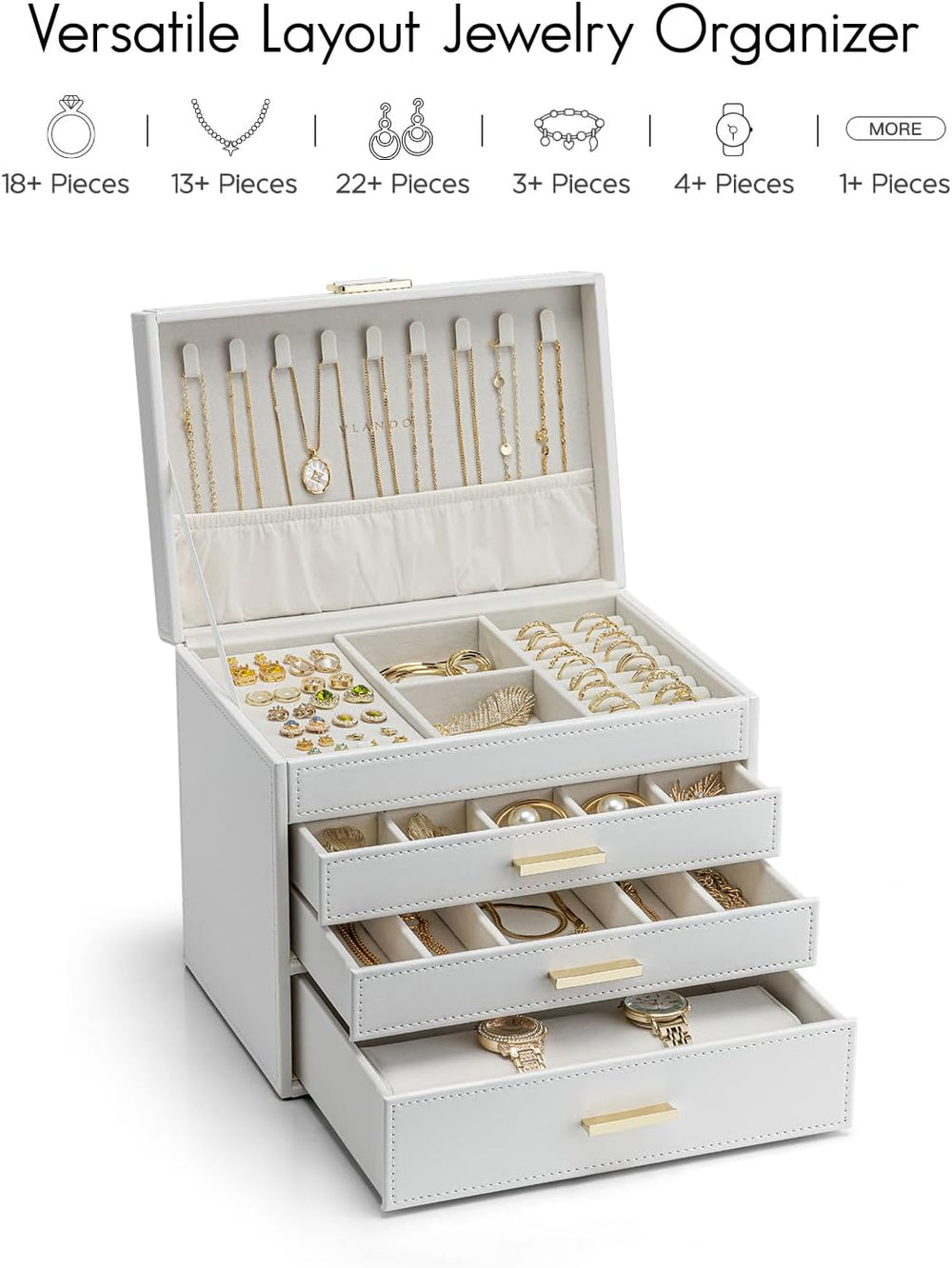 VLANDO Large Jewelry Box, 4 Layer Storage Organizer, Removable Dividers