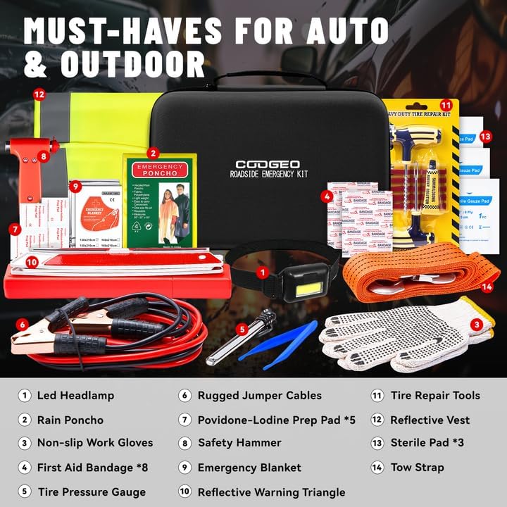15PC Car Emergency Kit with Jumper Cables, First Aid, Black