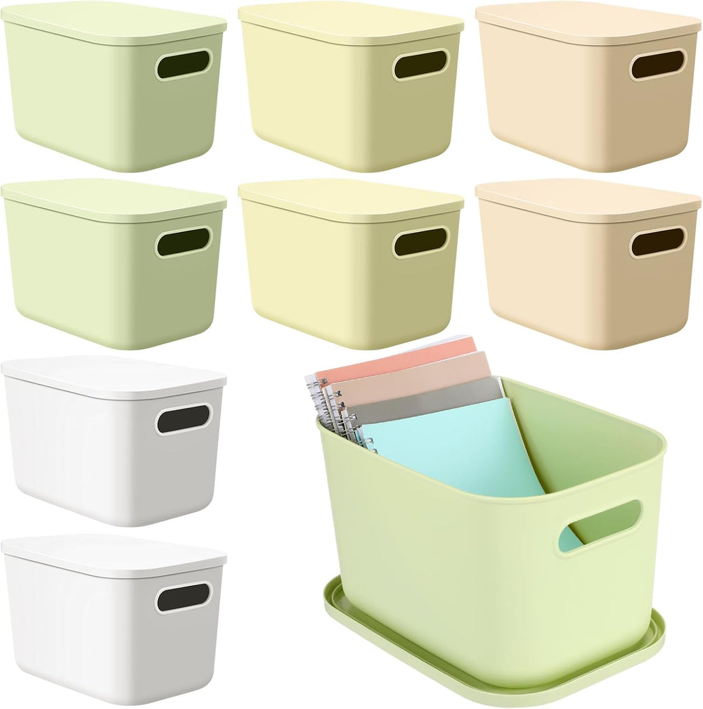 Hoolerry 8 Pcs Storage Bins with Lids, Light Color, 9.8 x 7 x 6.3 Inch