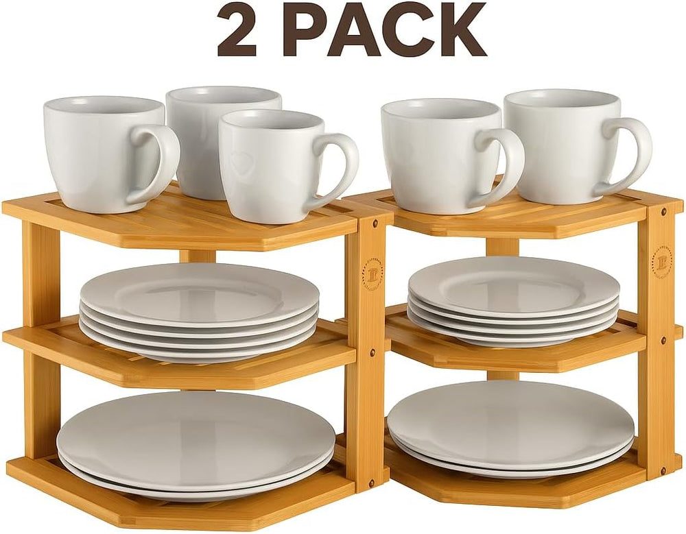 2 Pack Plate Organizer for Cabinet, 3-Tier Bamboo Corner Shelf Rise
