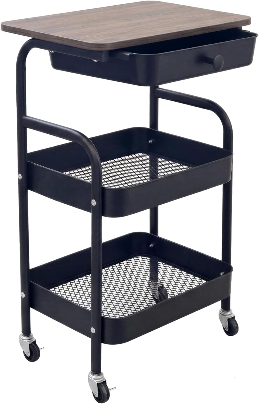 3 Tier Rolling Cart with Drawer and Wood Top, Small Space Storage Cart with W...