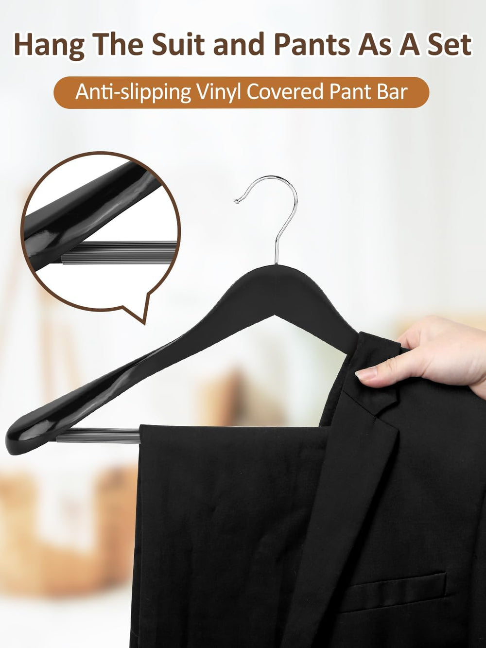 AMKUFO Wide Shoulder Wooden Hangers 8 Pack Coat Hangers with Non Slip Pants B...