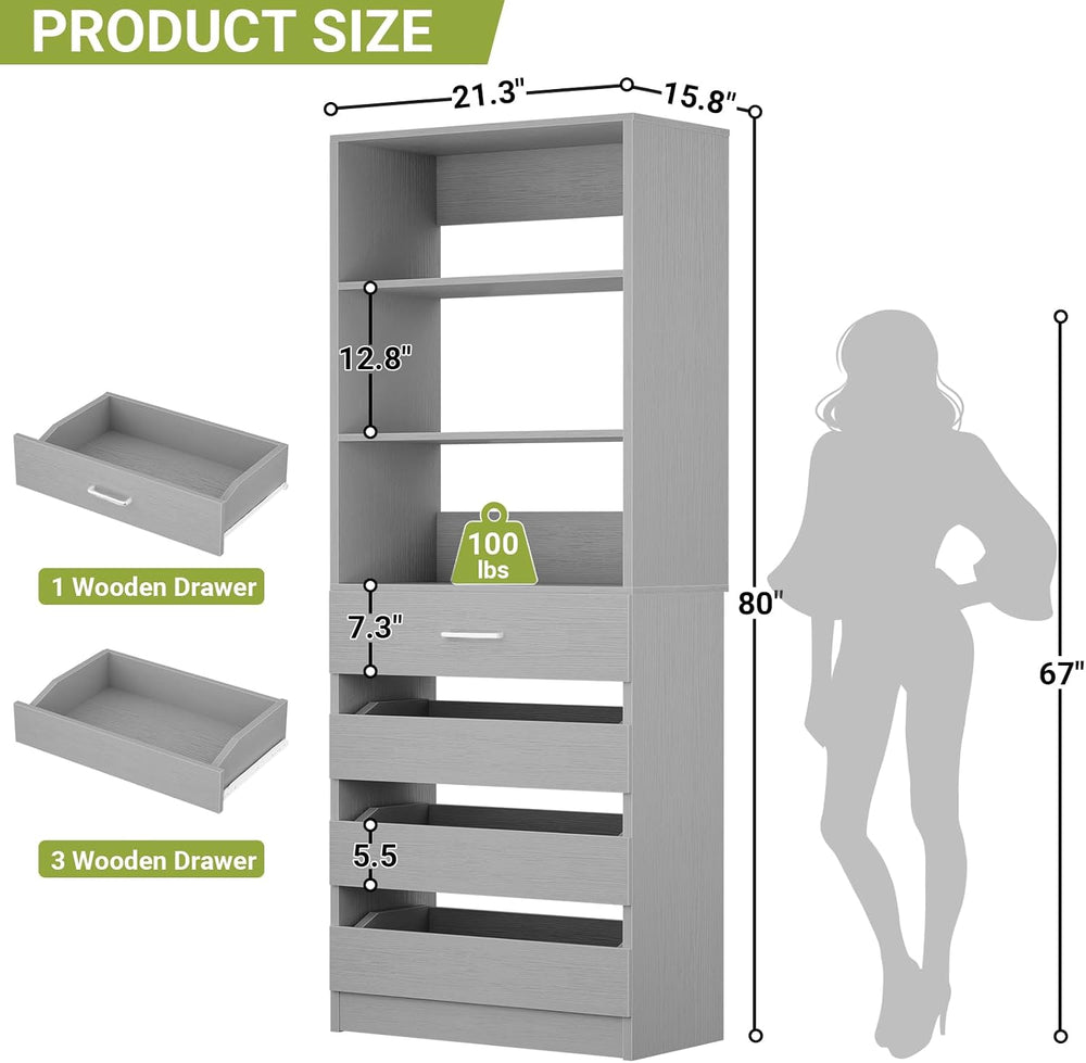 Aheaplus 21.3" Closet System with 4 Drawers, Wood Closet Organizer, Grey