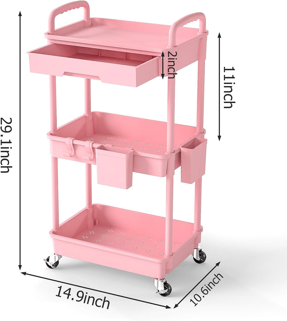 3 Tier Rolling Utility Cart with Drawer, Plastic Storage Organizer Rolling Ca...