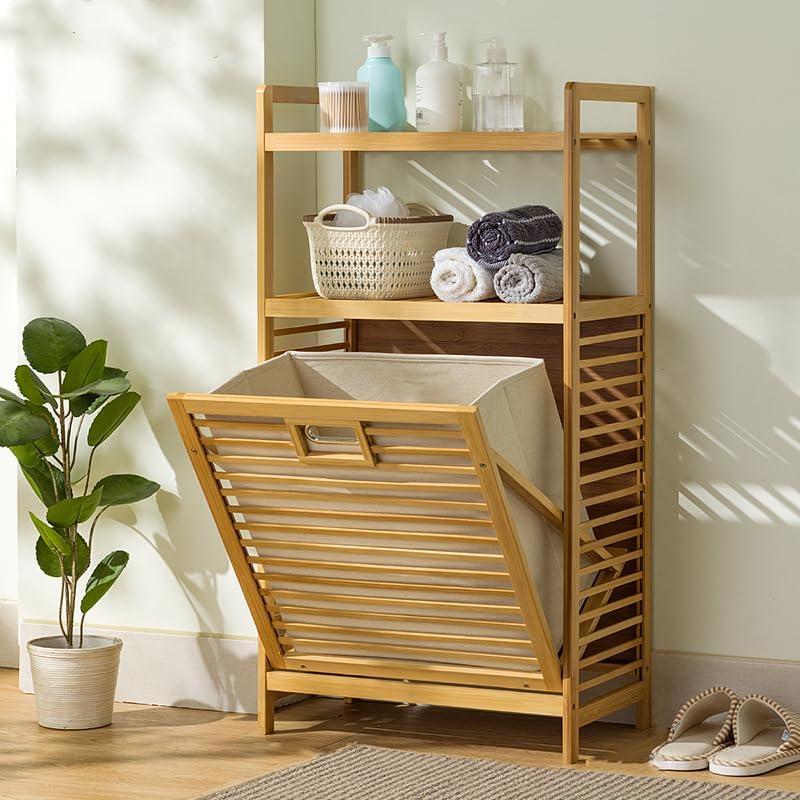 3-Tier Bamboo Tilt Out Laundry Basket,Floor Standing Laundry Hamper with Remo...
