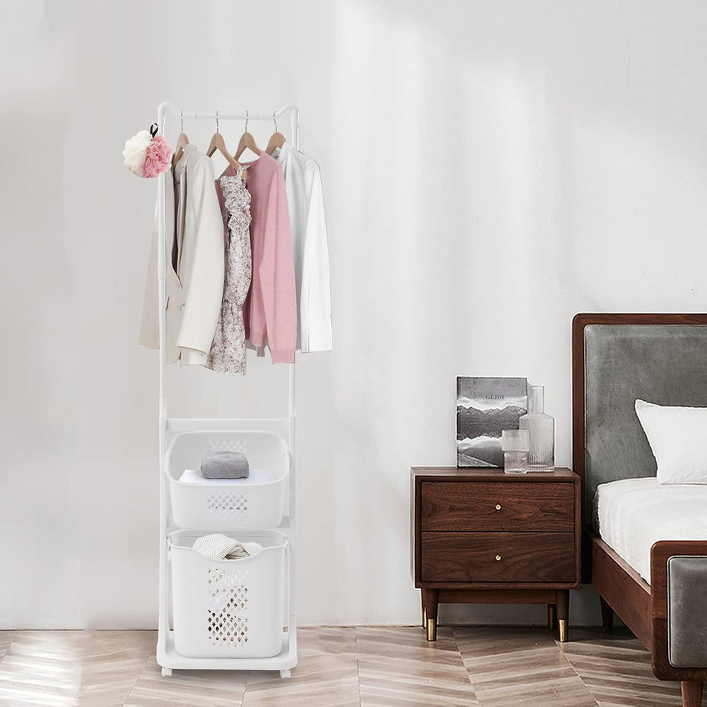 Rolling Laundry Hamper Cart with Wheels and Hanging Bar, 2 Tier Rolling Laund...