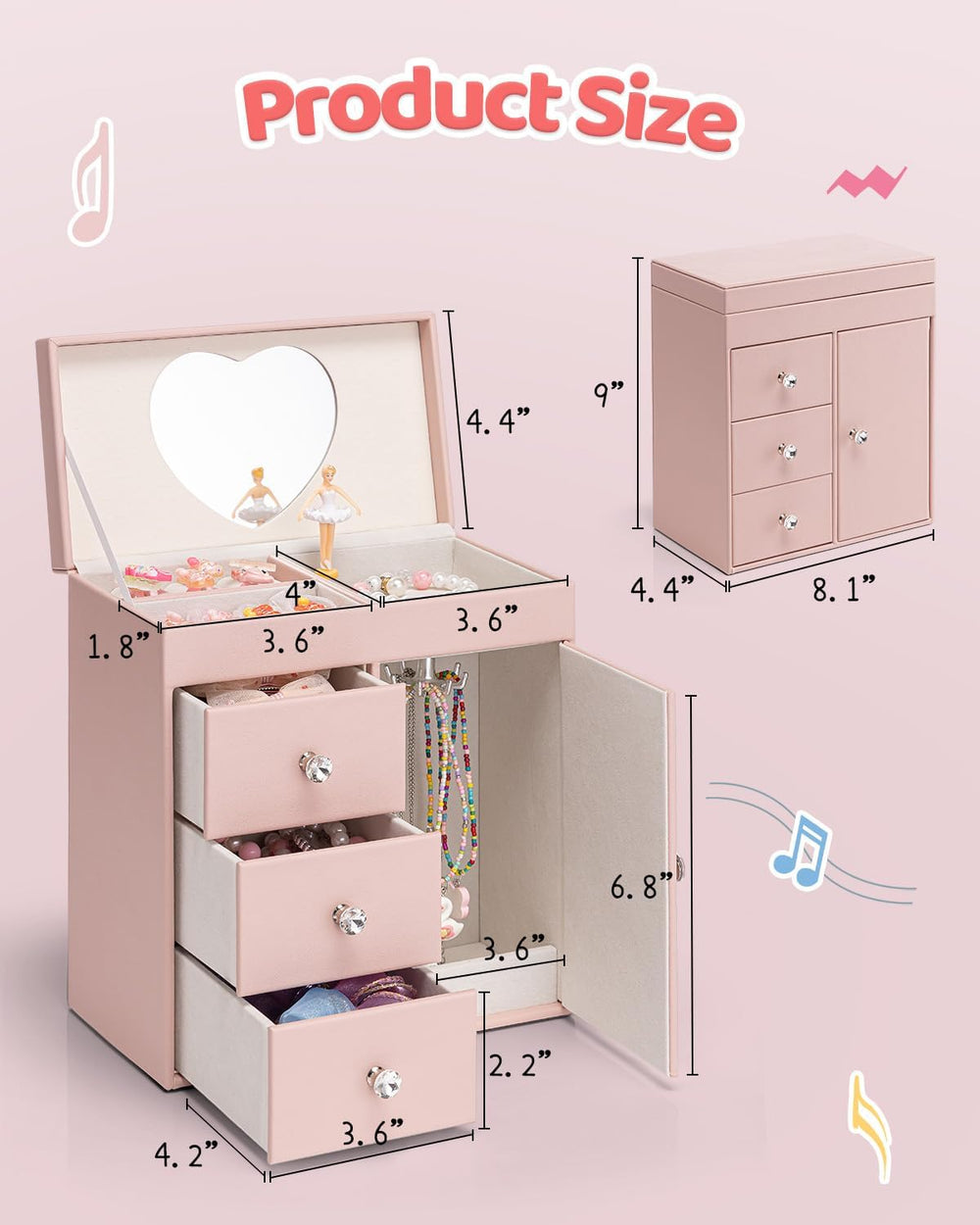 VLANDO 4 Layer Musical Jewelry Box, 3 Drawers Storage and Necklace Hook