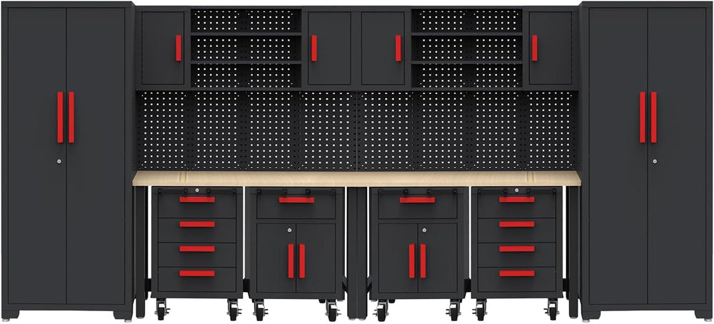 12-PC Heavy Duty Steel Garage Storage Cabinet System & Bench,Red
