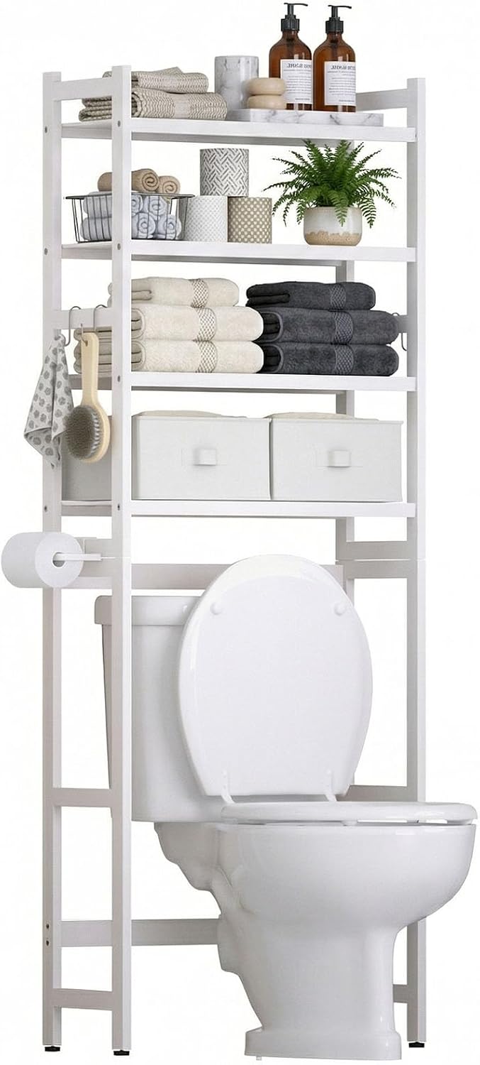Homde Bathroom Over Toilet Storage Rack: Adjustable 4-Tier Bamboo (White)