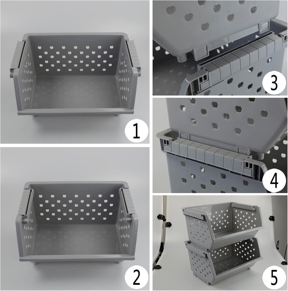 4 Pack Stackable Detachable Storage Baskets, Stacking Bins for Organizing, Grey