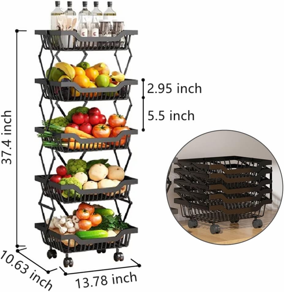 5-Tier Fruit Basket Cart with Wheels, Metal Wire Fruit Vegetable Storage Bask...