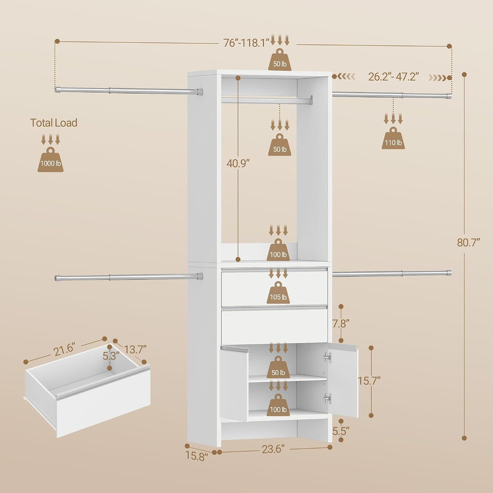 Hzuaneri Closet System Closet Organizers and Storage with 2 Drawers