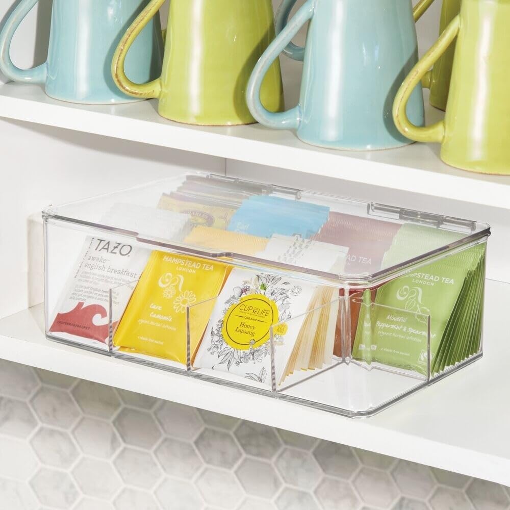 mDesign Plastic Stackable Divided Storage Organizer with Lid for Tea Bags and...