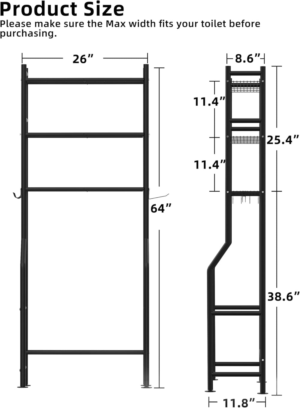 Livilord 3-Tier Over Toilet Storage, Anti-Tip, 64" H, Black