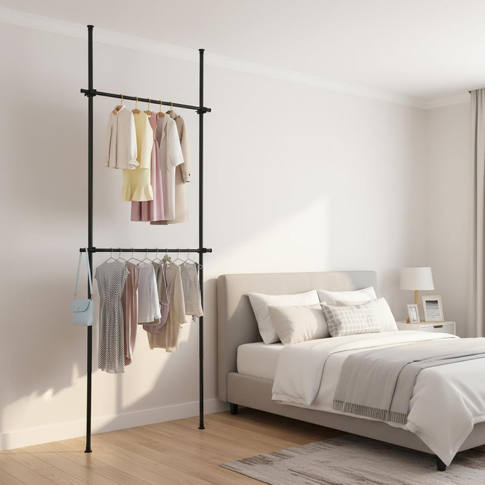 Heavy-Duty Floor to Ceiling Drying Rack, 2-Tier Double Rod Clothing Organizer...