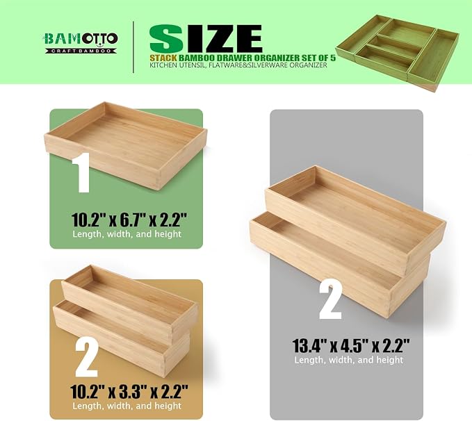 Stack Bamboo Drawer Organizer Set of 5, Kitchen Utensil, Flatware&Silverware