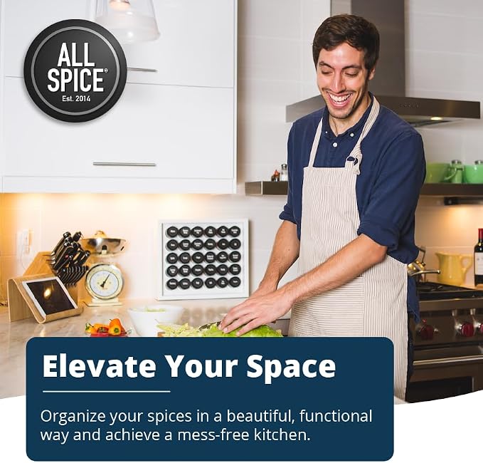 AllSpice Spice Rack Organizer, 525 Unique Labels, Countertop or Wall Mount