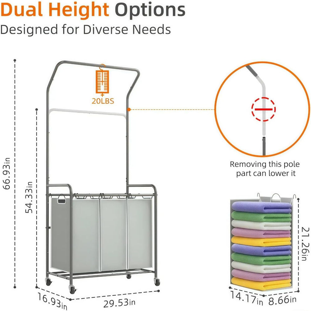 ROMOON Laundry Sorter Hamper with Hanging Bar, 3 Section Laundry Cart