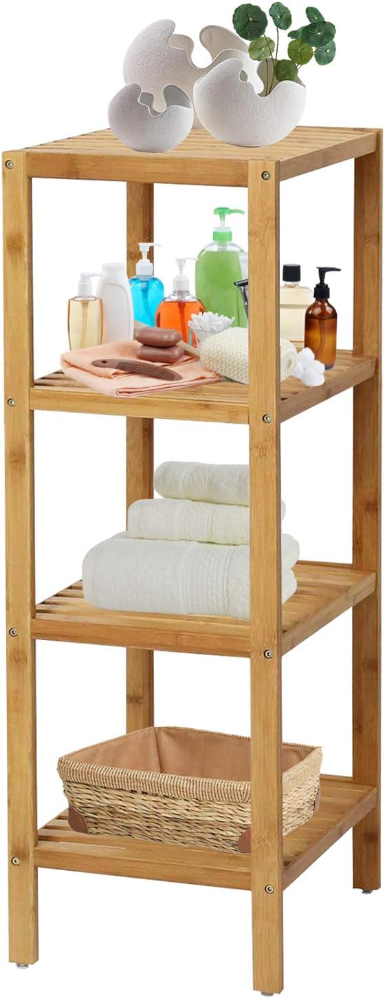 Bamboo Bathroom Shelf Square 4-Tier Storage Shelves Free Standing Rack Multif...