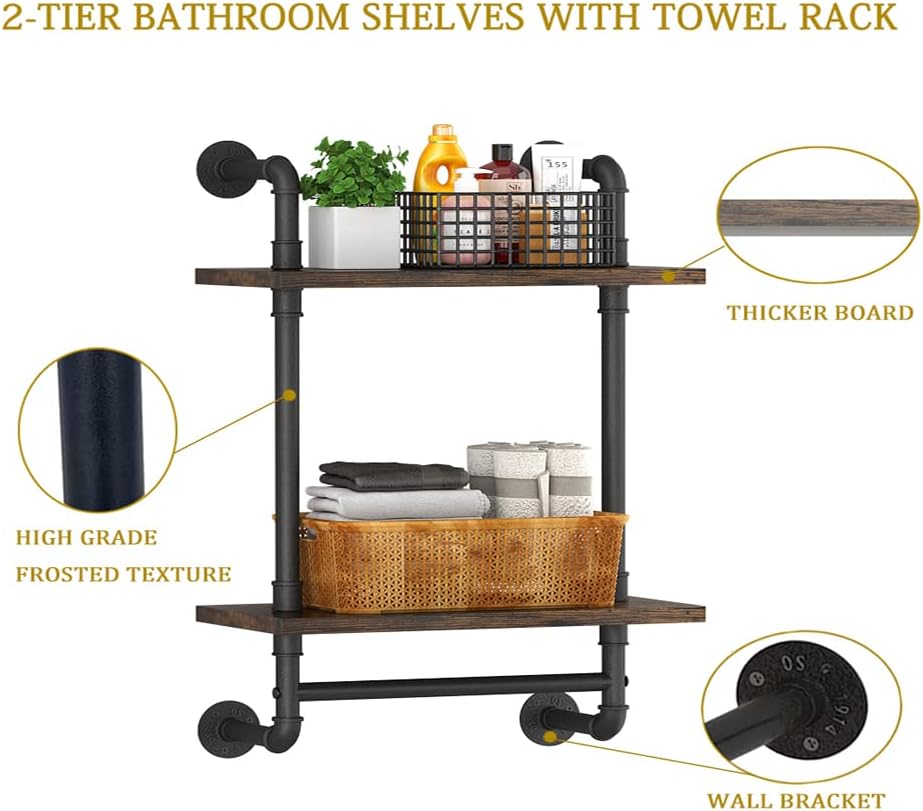 Helsin 2 Tier Industrial Pipe Floating Bathroom Shelves Wall Mounted with Tow...