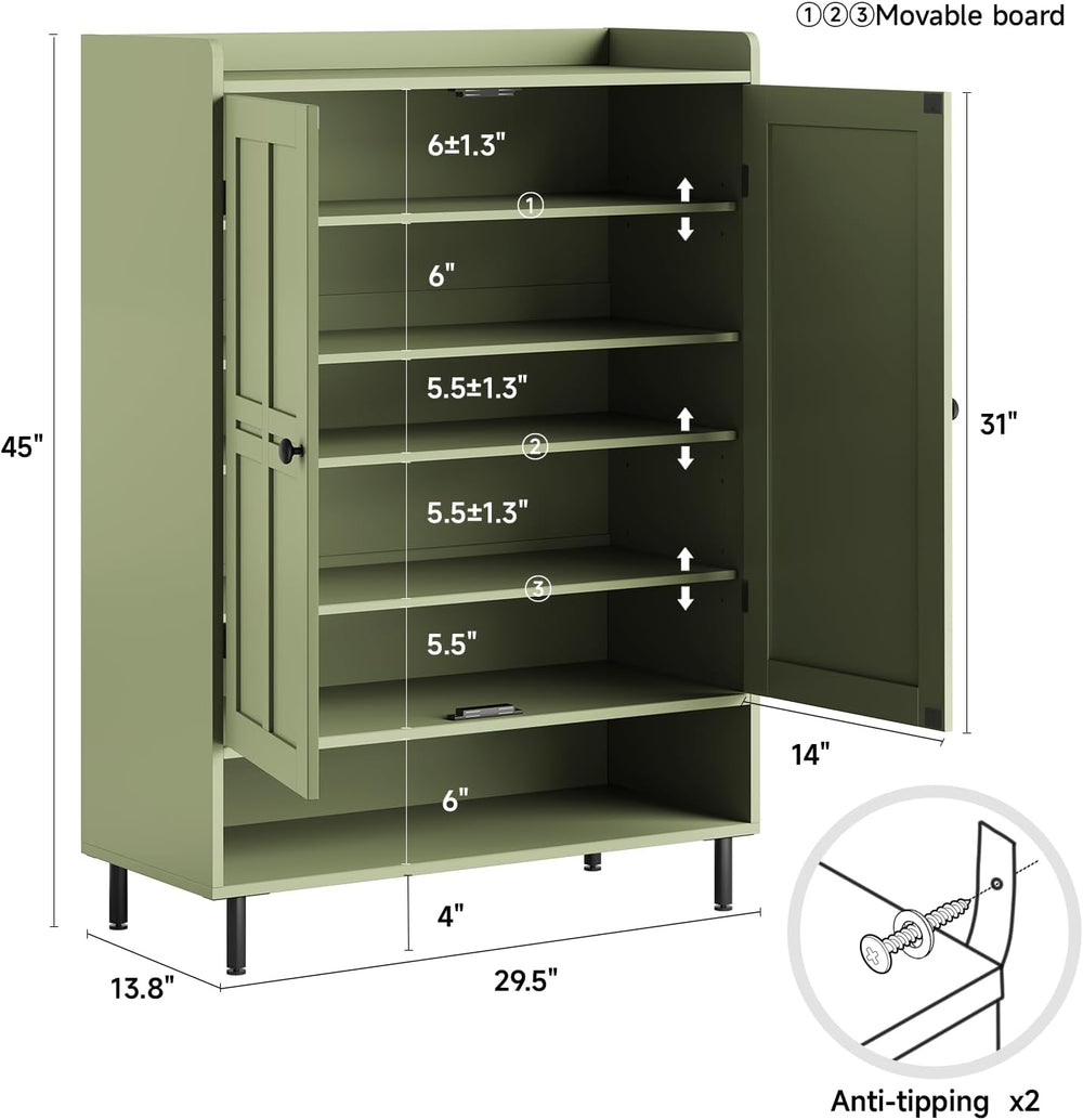 ComfyCorner Shoe Cabinet with Cross Molding Doors, 6-Tier Storage, Green